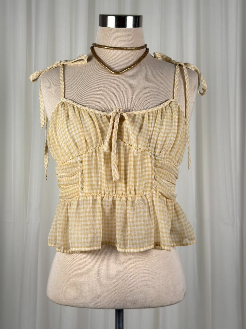 AE corset peplum yellow cream gingham cropped blouse‎ small